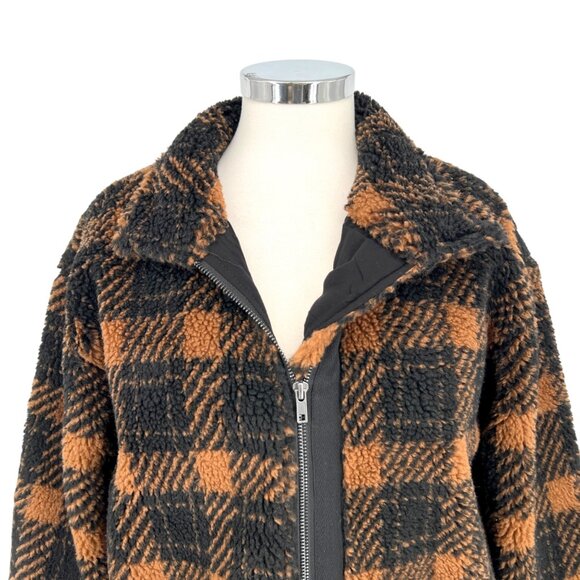 Saltwater Luxe Plaid Faux Fur Coat Black Brown Cinnamon Size Small NWT - Picture 4 of 16